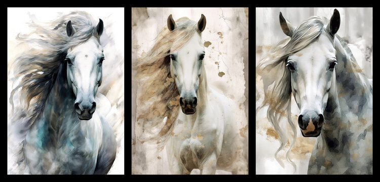 Set of horse art posters, abstract modern concept art