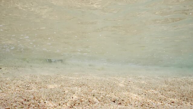 Underwater waves near sandy shore on bright sunny day in sunbeams. Sea surf in coastal area in sandy bottom. Underwater vew of little wave goes out to sand beach on shallow water, slow motion. 