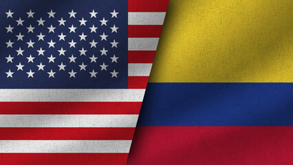 Colombia and USA Realistic Two Flags Together, 3D Illustration