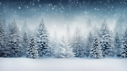 Winter snowy landscape with pine trees - obrazy, fototapety, plakaty