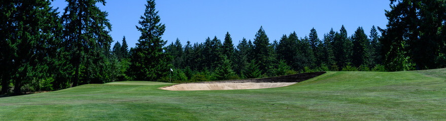 Classic sand trap protecting a golf green, evergreen forest in background, recreation and challenge on a sunny summer day
