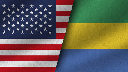 Obraz premium Gabon and USA Realistic Two Flags Together, 3D Illustration