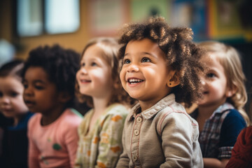 Fototapeta Mixed race group of toddlers, sitting in classroom and looking in awe at their teacher. obraz