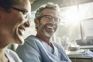 Obraz premium Doctor is having fun with his colleague at the hospital. Generative ai