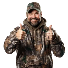Foto op Canvas Happy hunter fisher in camouflage hat and jacket smiling thumbs up isolated portrait - Generative AI © mr_marcom