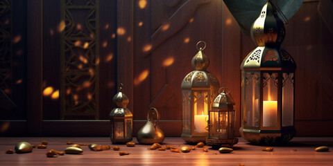 Fototapeta na wymiar Ramadan festival lantern and props on the floor background. Culture and religion concept. Digital art illustration