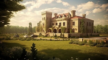 Fototapeta na wymiar Panoramic view of the beautiful castle in the morning, Poland