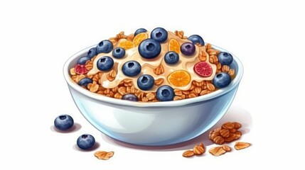 Muesli with nuts and blueberries on white background. AI generated