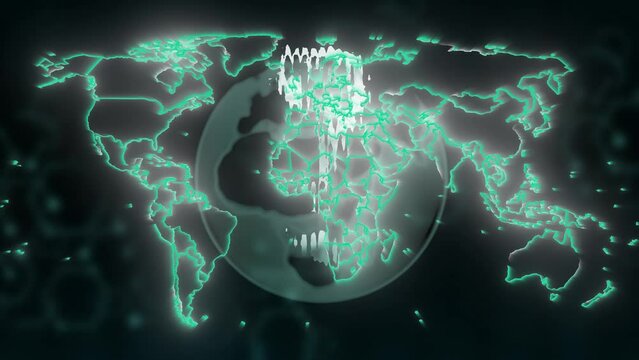 world map animation with glitch effect and with question mark symbol becouse question is why. Glowing neon animation with lights stripes around world global problems