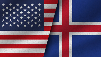 Iceland and USA Realistic Two Flags Together, 3D Illustration