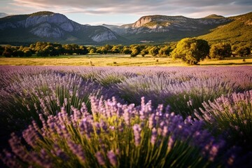 Fototapeta na wymiar Lavender field at sunset with mountains in the background, France