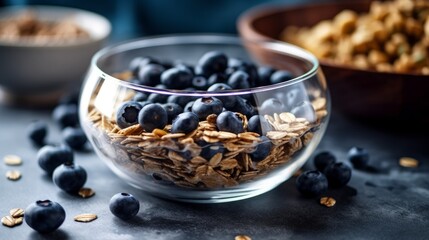 Fototapeta na wymiar Energizing muesli with nuts and blueberries. AI generated