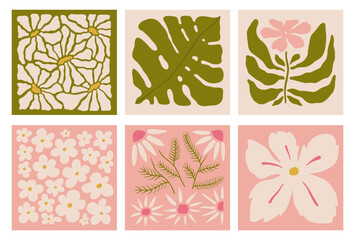 Abstract flower posters set. Trendy botanical arts