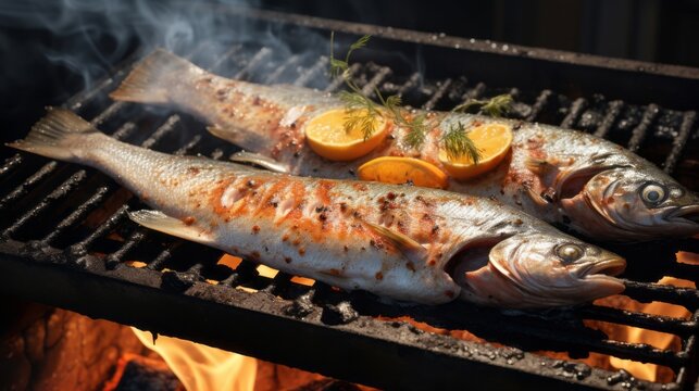 Food photography barbcue trout fish background - Trouts fishes on the grill (Generative Ai).