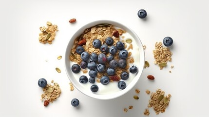 Fototapeta na wymiar Muesli with nuts and blueberries on white background. AI generated