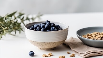 Fototapeta na wymiar Morning indulgence muesli with nuts and blueberries on white background. AI generated