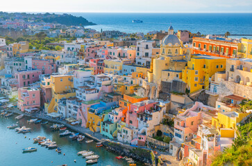 Aerial of Marina di Corricella at Sunset, Procida, Flegrean Islands, Campania