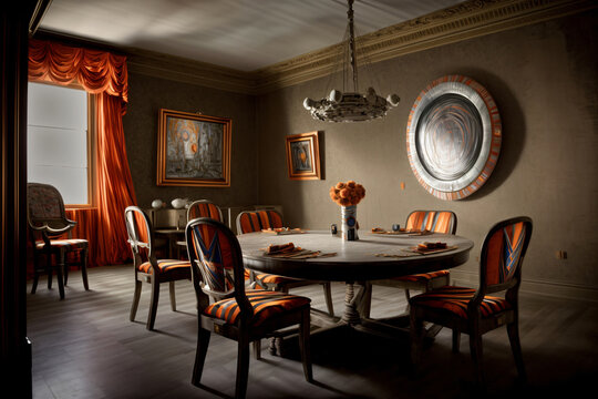 A Dining Room With A Round Table Surrounded By Chairs