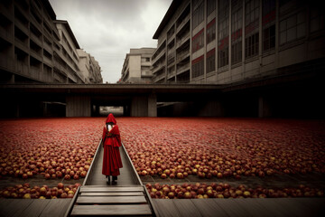 A Woman In A Red Dress Standing In A Field Of Apples