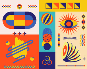 Various geometric element abstract shapes flat design arrangement poster bauhaus inspired mosaic pattern