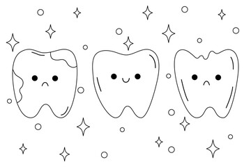 Cute teeth characters with emotion. Smiling, sad tooth and sparkles. The concept of brushing teeth. Child character for dentistry.