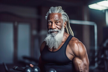 Fototapeta na wymiar Generative AI illustration of very muscular old man with long gray hair training in a gym with dumbbells.