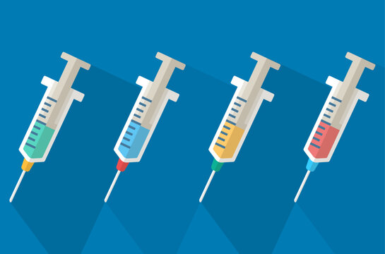 Dibujos de jeringas en distinto color. Concepto de vacunaci&oacute;n. Gr&aacute;fico de vectores. Recurso gr&aacute;fico.