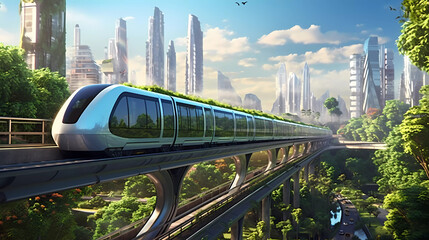 A futuristic city in a green energy world with a really long but sleek train riding into it. Generativ AI.