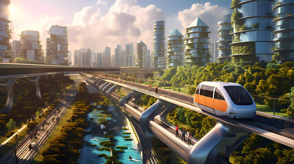 A futuristic city in a green energy world with a tiny but sleek train riding into it. Generativ AI. - obrazy, fototapety, plakaty