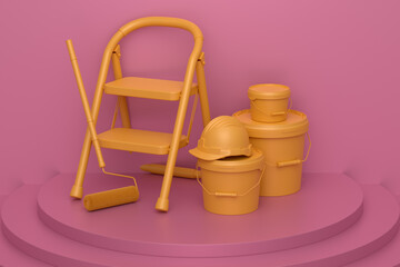 Abstract scene with folding ladder, bucket and paint roller on monochrome