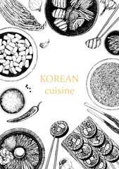 Korean Restaurant Menu. Hand-drawn illustration of dishes and products. Ink. Vector