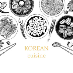 Korean Restaurant Menu. Hand-drawn illustration of dishes and products. Ink. Vector