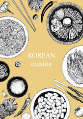 Korean Restaurant Menu. Hand-drawn illustration of dishes and products. Ink. Vector