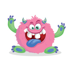 Cute pink furry monster. Happy Halloween mascot character. Best for kid parties designs, t-shirt and posters. Vector illustration.