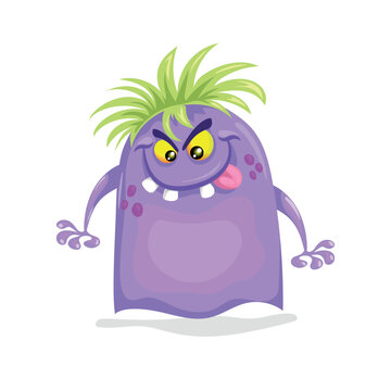 Cute violet monster. Happy Halloween mascot character. Best for kid parties designs, t-shirt and posters. Vector illustration.