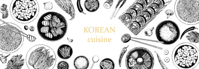 Korean Restaurant Menu. Hand-drawn illustration of dishes and products. Ink. Vector