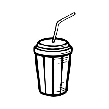 Cup with straws icon. Black ink contour linear silhouette. Top view in front. Vector simple flat graphic hand drawn illustration. Isolated object on a white background. Isolate.