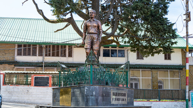 Major Dhyan Chand Statue located at the famous Heritage market of Kasauli Mall Road, a popular tourist place at Kasauli, Himachal Pradesh