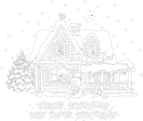 Happy New Year and merry Christmas card with a cute little girl sleeping in her room in a pretty small house on a snowy moonlit winter night, black and white vector cartoon illustration