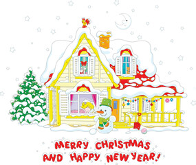 Obraz premium Happy New Year and merry Christmas card with a cute little girl sleeping in her room in a pretty small house on a snowy moonlit winter night, vector cartoon illustration on a white background