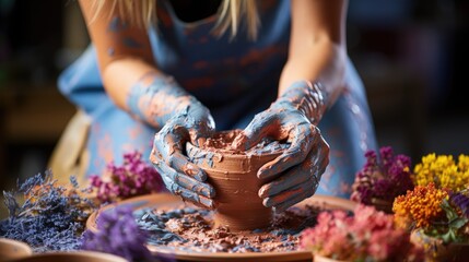 Woman doing pottery work with her hands