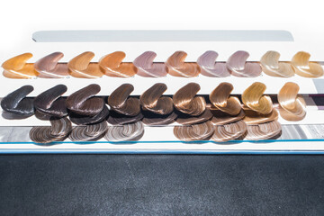 Miscellaneous various samples color palette dye coloring hair shade tint set design on dark background