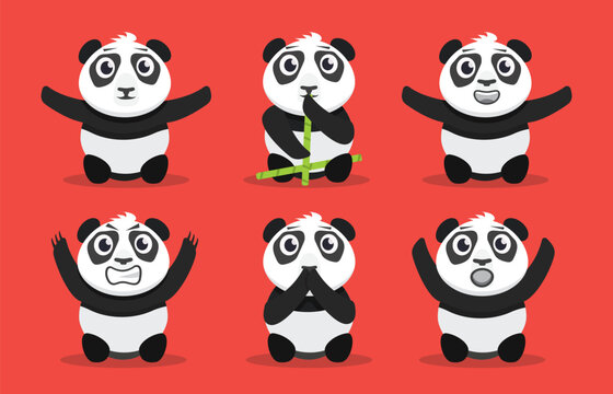 cartoon baby pandas in different poses set. cute, hand-drawn, flat pandas. aggressive, funny, scared, happy, pandas. vector cartoon pandas set.