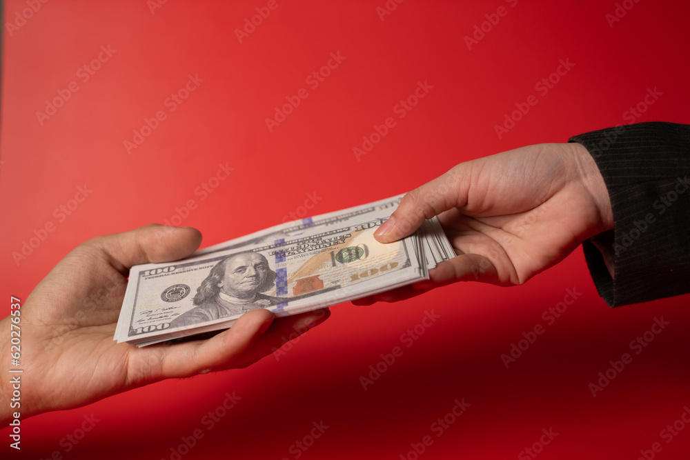 Wall mural hands holding dollar bills, people sending and receiving banknotes for doing business, customer brin