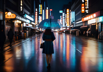 Rue de Tokyo la nuit,femme seule avec un parapluie,IA générative.