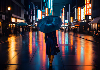 Rue de Tokyo la nuit,femme seule avec un parapluie,IA générative.