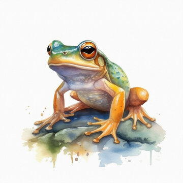 Watercolor painting of a small frog on a white canvas background
