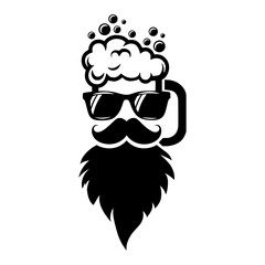 Male face with beard, mustache and sunglasses as a Beer mug. Celebration of Father's Day and birthday vector funny tee shirt design.