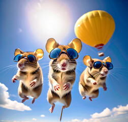 Generative AI image of a group of blind mice sky diving.