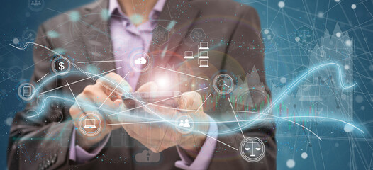 Global business, digital technology, social media marketing concept. Business man using digital tablet computer with global internet connection and smart city, business intelligence, data science